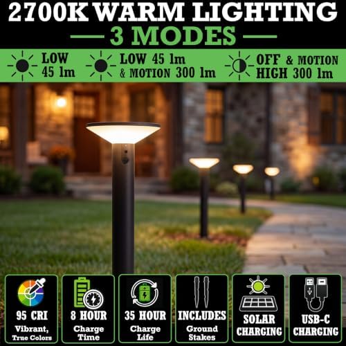 Solar Outdoor Pathway Lights, Motion Sensor, 2-Pack