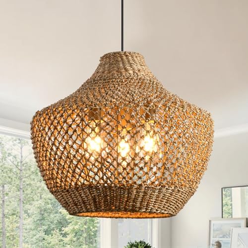 18.9-Inch 3-Light Rattan Wicker Chandelier