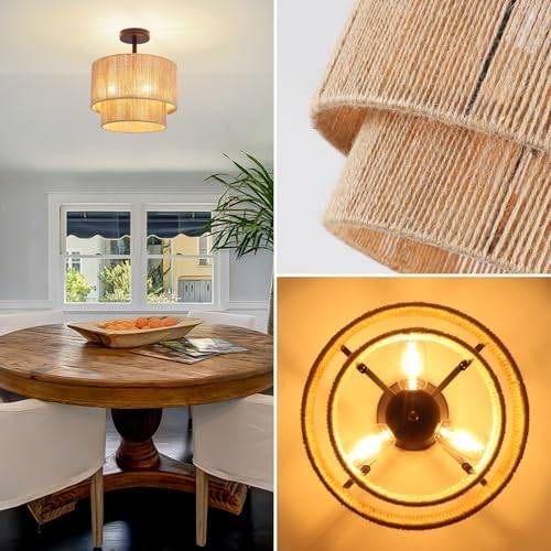 12.6" 3-Light Black Rattan Ceiling Light