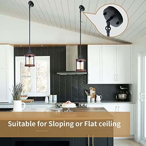 Farmhouse Pendant Light, Walnut Wood Metal Cage with Glass, 2-Pack