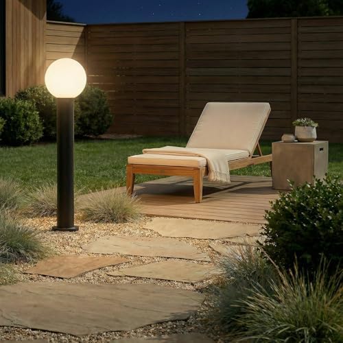35.5" Black Outdoor Bollard Light, Opal Glass Globe