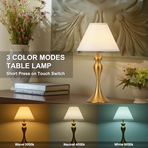 Cordless Rechargeable Table Lamp, Fabric Shade, Brass