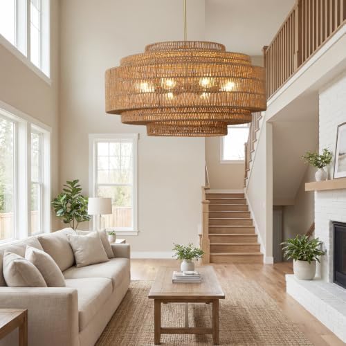 31.5" Large Rattan Chandelier, 8-Light Boho Drum Light
