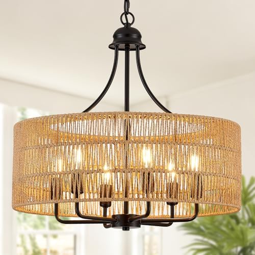 21.8" Large Black Rattan Chandelier, 6-Light