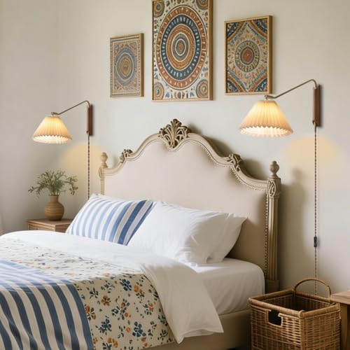 Swing Arm Plug-in Wall Sconce, Wood, Pleated Shade