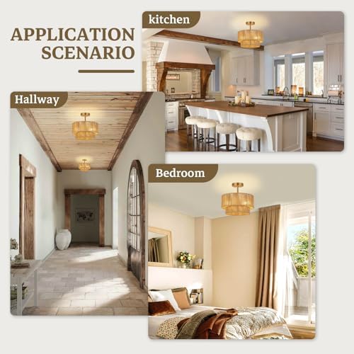 3-Light Rattan Semi Flush Mount Ceiling Light, 12.6''