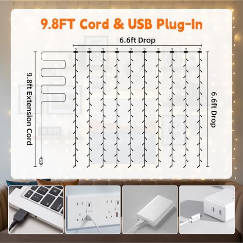 Curtain String Light, 200LED 6.6x6.6ft, Remote & 8 Modes, USB