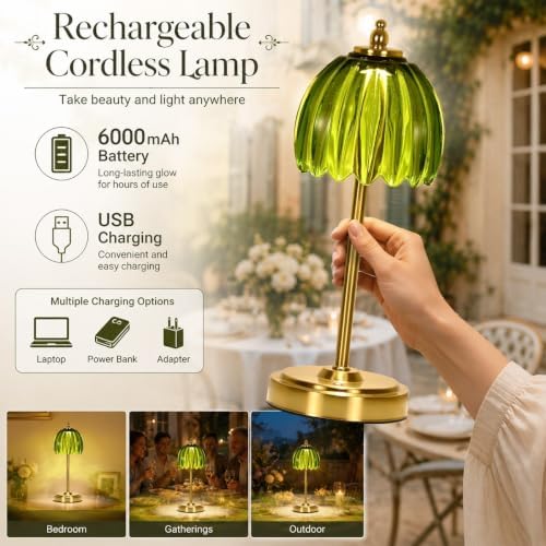 NewAoNaSen Glass Tulip Table Lamp, Cordless Rechargeable, Green