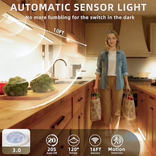 4 Pack Rechargeable Motion Sensor Under Cabinet Lights, Warm Light
