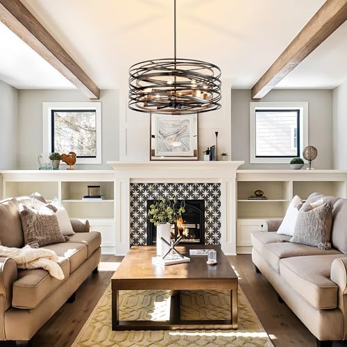 23.6" Black 8-Light Farmhouse Drum Chandelier