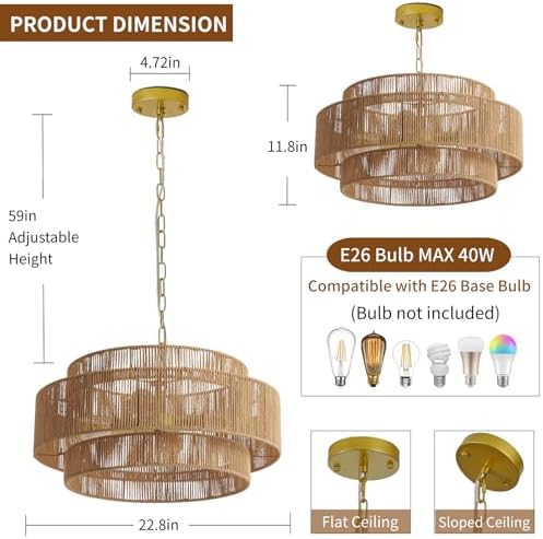 Large Farmhouse Rattan Chandelier, 22.8in Boho Pendant Light