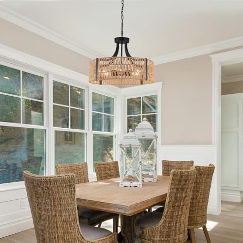 Large Farmhouse Rattan Chandelier, 6-Light