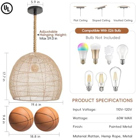 19.6" 1-Light Farmhouse Rattan Chandelier