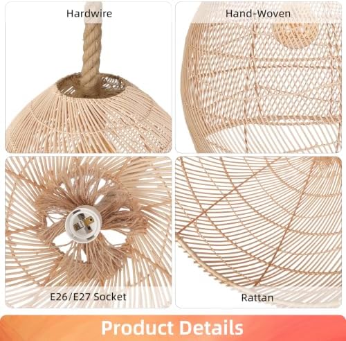Arturesthome Natural Rattan Pendant Light for Kitchen Island, Woven