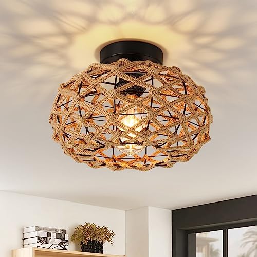 foucasal Rattan Wicker Semi Flush Mount Ceiling Light