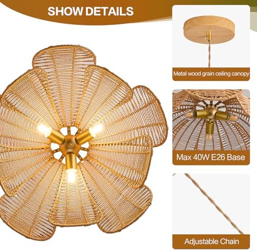 24" Farmhouse Chandelier, 3-Light Rattan