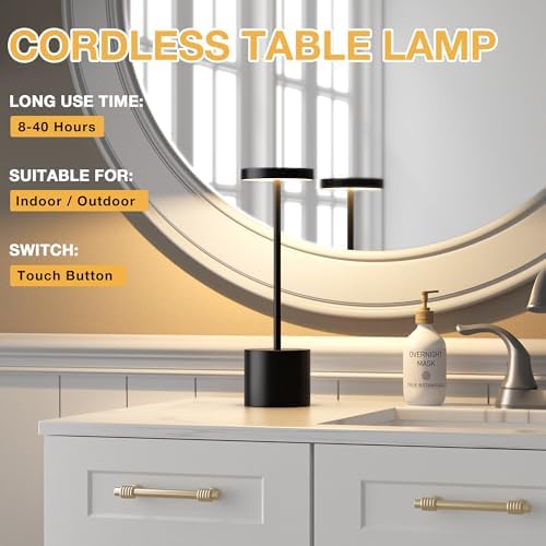 Cordless Rechargeable Table Lamp, Black, 2 Pack