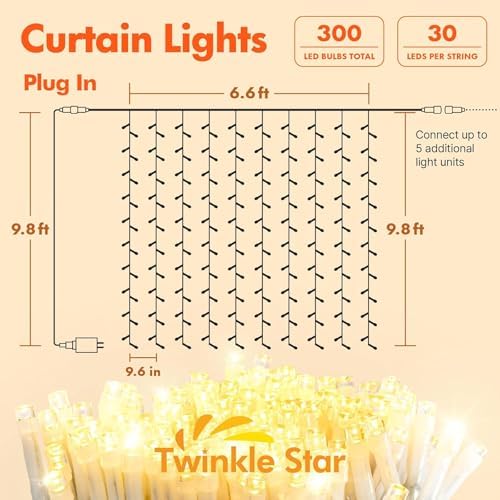Twinkle Star 300 LED Curtain String Lights, Warm White
