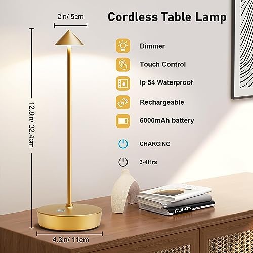 Set of 2 Cordless Rechargeable LED Table Lamps, Gold