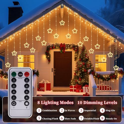 Christmas Star Curtain Lights with Remote, IP65 Waterproof