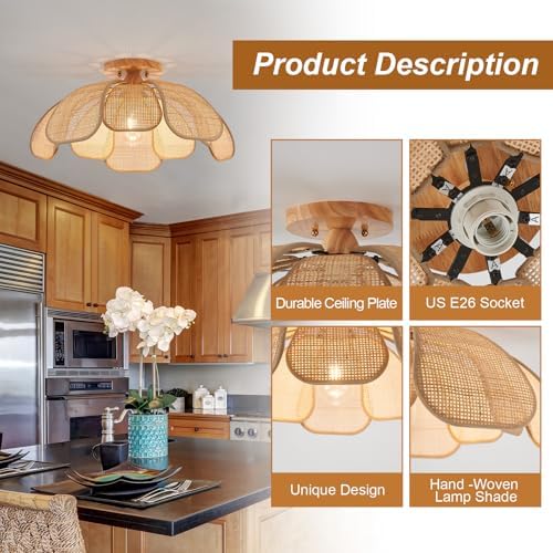 20-Inch Boho Rattan Flush Mount Ceiling Light