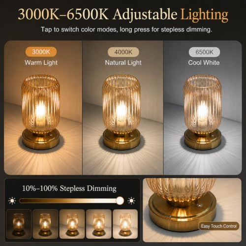 Amber Cordless Glass Table Lamp, 3 Color Modes