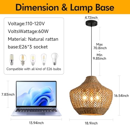 18.9-Inch 3-Light Rattan Wicker Chandelier