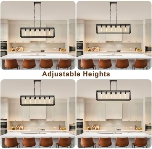 6-Light Black Linear Chandelier, Adjustable Height