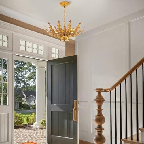 22” Modern Brass Chandelier, Gold Leaf