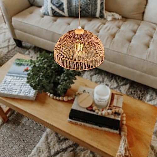 Boho Rattan Pendant Light with Wooden Base