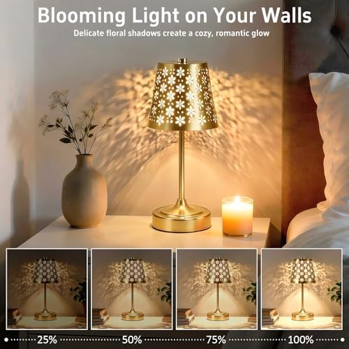 Cordless Table Lamp with Floral Cutout Shade, Gold