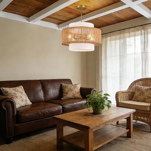 17.7" Boho Rattan 4-Light Chandelier