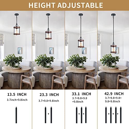 Farmhouse Pendant Light, Walnut Wood Metal Cage with Glass, 2-Pack