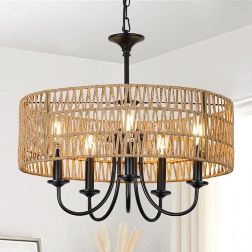 LAMSU 5-Light Black Rattan Farmhouse Chandelier