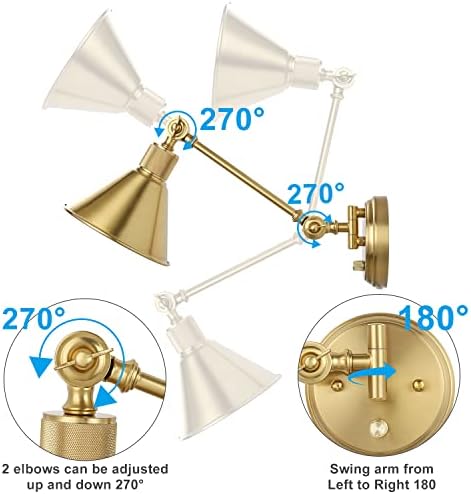 TRLIFE Dimmable Brushed Brass Swing Arm Wall Sconces, 2 Pack