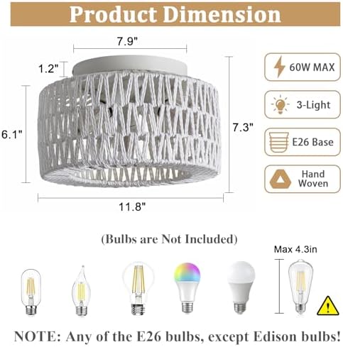 White 3-Light Rattan Flush Mount Ceiling Light