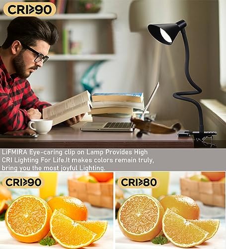 LiFMIRA Black USB Clip-On Reading Lamp, 3 Color Modes