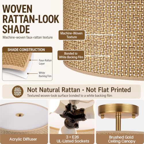 Woven Rattan 3-Light Semi Flush Mount Ceiling Light