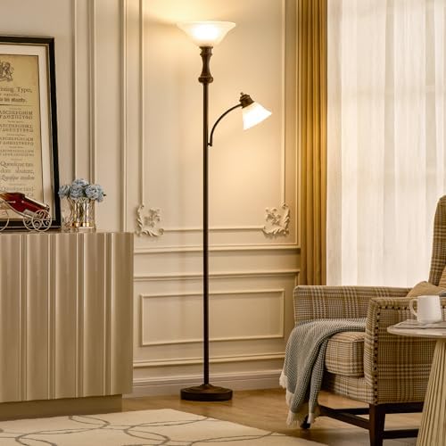 Torchiere Brown Floor Lamp with Adjustable Reading Lamp, 71IN