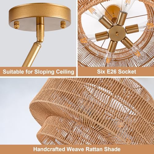 23.6" Rattan 6-Light Flush Mount Ceiling Light