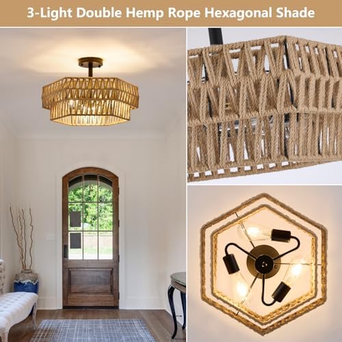 XSDeTu 3-Light Woven Hemp Rope Ceiling Light