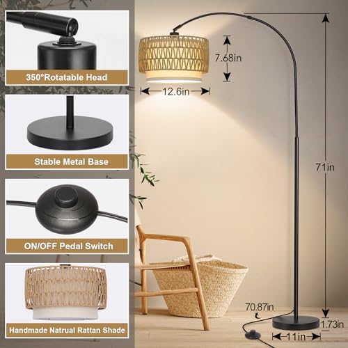 Rattan Arc Floor Lamp with Adjustable Fabric Shade