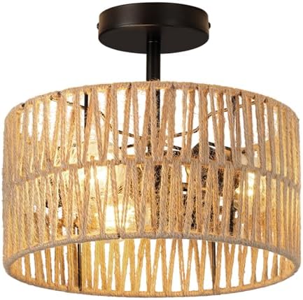 Boho Rattan Drum Semi-Flush Mount Ceiling Light