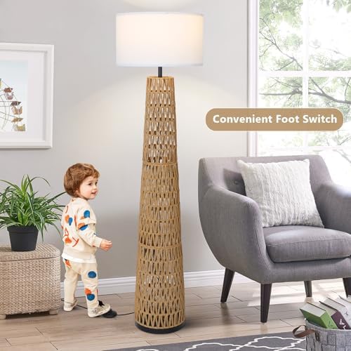 Large Boho Rattan Floor Lamp with Linen Shade