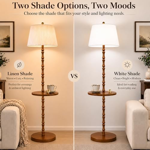 Real Wood Floor Lamp with Built-in Tray, Light Walnut