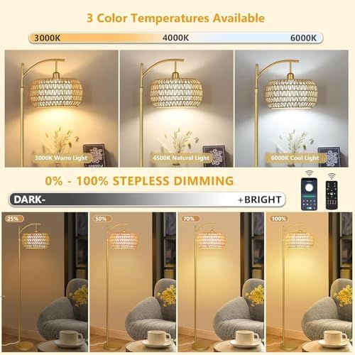 Gold Arc Floor Lamp, Rattan Shade, Remote Control