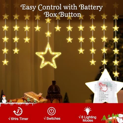 Lewondr 82 LED Christmas Star Curtain Lights