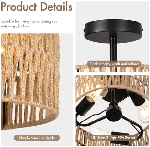 Boho Rattan Drum Semi-Flush Mount Ceiling Light