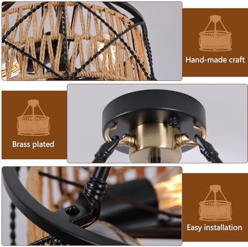 3-Light Hand-Woven Boho Rattan Ceiling Light