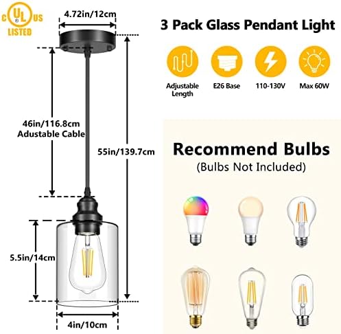 Licperron 3-Pack Black Pendant Lights, Clear Glass Shade